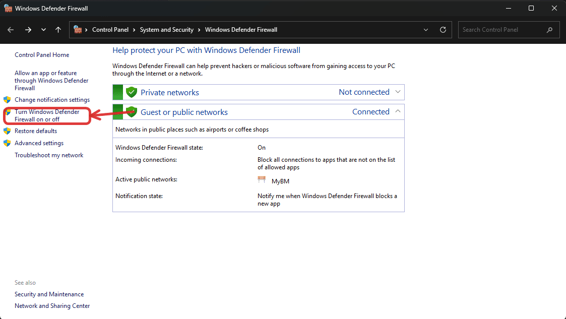 Select Turn Windows Defender Firewall on or off