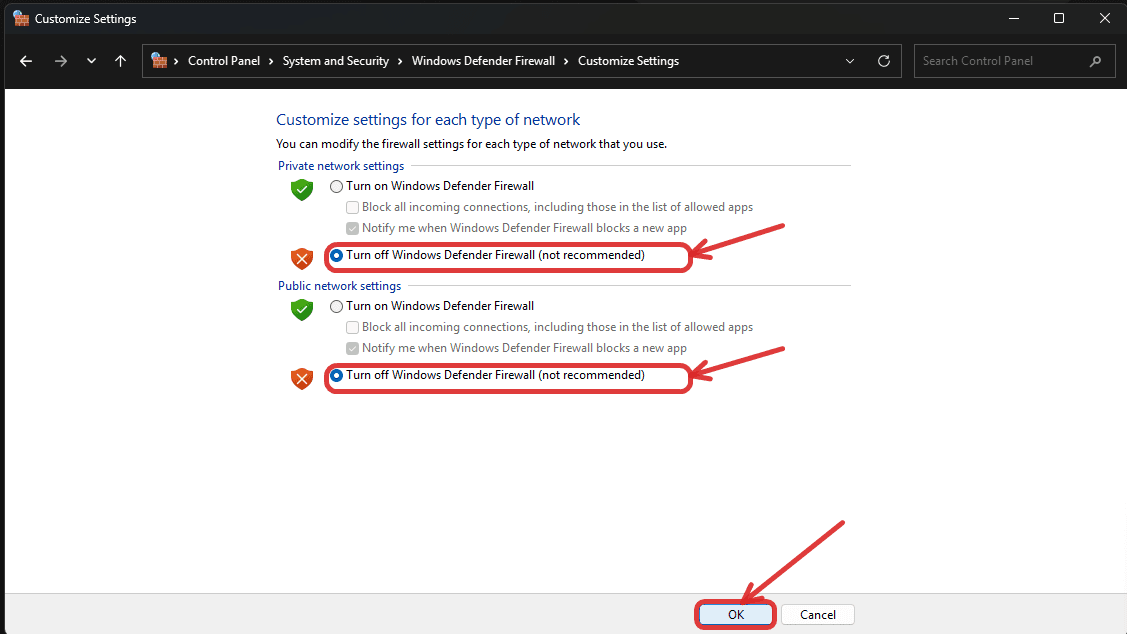 Turn off Firewall for Private and Public networks